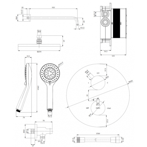 Omnires Y zestaw prysznicowy podtynkowy termostatyczny grafit SYSYT05GR