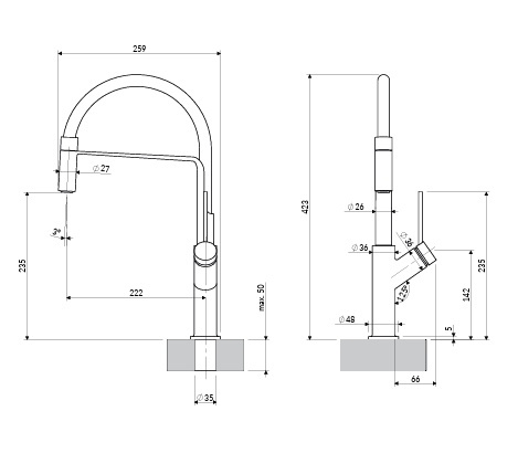 Omnires Vita bateria kuchenna z wyciąganą wylewką miedź połysk VI6350BLCP