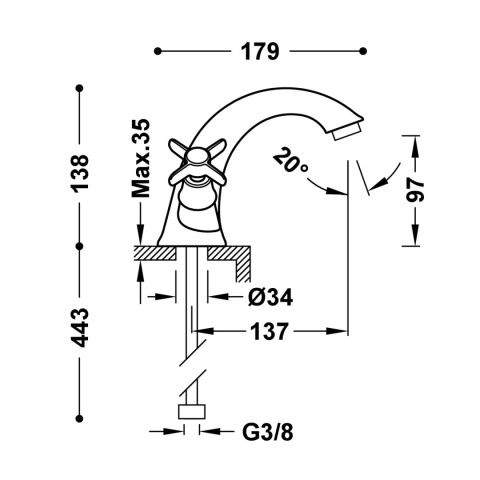 Tres Clasic bateria umywalkowa stojąca stary mosiądz 24210201LV