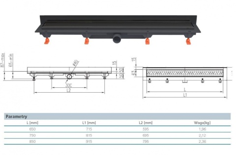 Werit/Jomo JomoTech Exclusive Wall 40 Odpływ liniowy przyścienny 85 cm z maskownicą Classic czarny mat 175-20850401-38