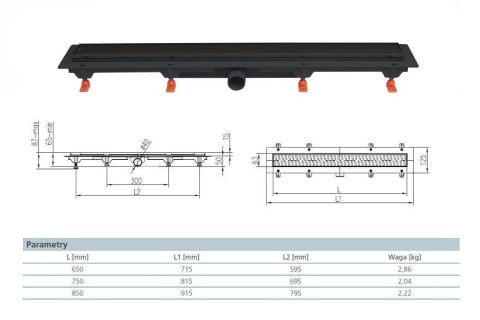 Werit/Jomo JomoTech Exclusive 40 Odpływ liniowy 65 cm z maskownicą Classic czarny mat 175-20650400-38