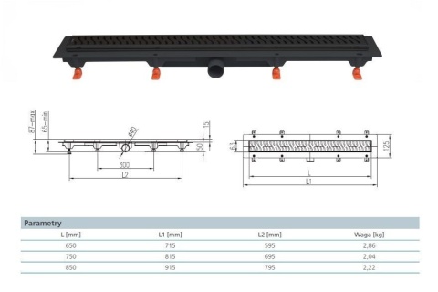 Werit/Jomo JomoTech Exclusive 40 Odpływ liniowy 65 cm z maskownicą Exclusive czarny mat 175-10650400-38