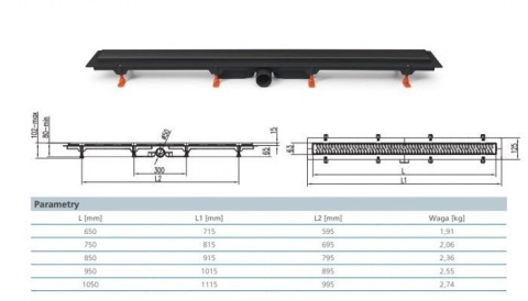Werit/Jomo JomoTech Exclusive 50 Odpływ liniowy 65 cm z maskownicą Exclusive czarny mat 175-10650500-38