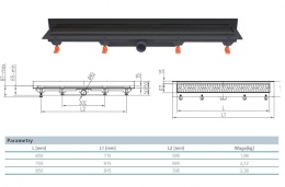 Werit/Jomo JomoTech Exclusive Wall 40 Odpływ liniowy przyścienny 65 cm z maskownicą Classic czarny mat 175-20650401-38