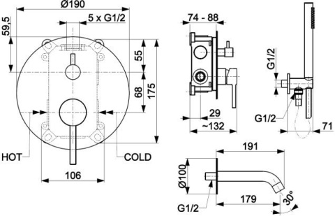 KFA MOZA CHROM ZESTAW WANNOWY PODTYNKOWY Z BATERIĄ 3-FUNKCYJNĄ 503940100