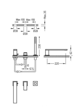 Tres Cuadro Exclusive bateria wannowa stojąca 3-otworowa kompletna czarny matowy 00616103NM