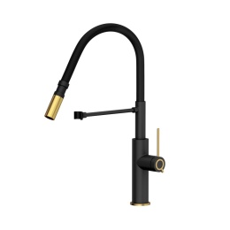 Quadron Gemma Q Line Bateria kuchenna wysoka z wyciąganą wylewką pure carbon mat/złoty nano PVD/czarny wąż 3623501_PVDG1BLM