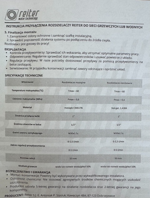 Rozdzielacz ze stali nierdzewnej INOX ogrzewanie podłogowe rozstaw 50 mm 9 obwodów RTR 09