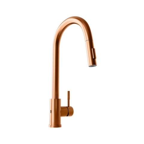 Globalo Exclusive Loretio Copper Mat 1.1 Bateria kuchenna bezdotykowa z wyciąganą wylewką miedziany mat z PVD LORETIO_MIEDZ_MAT